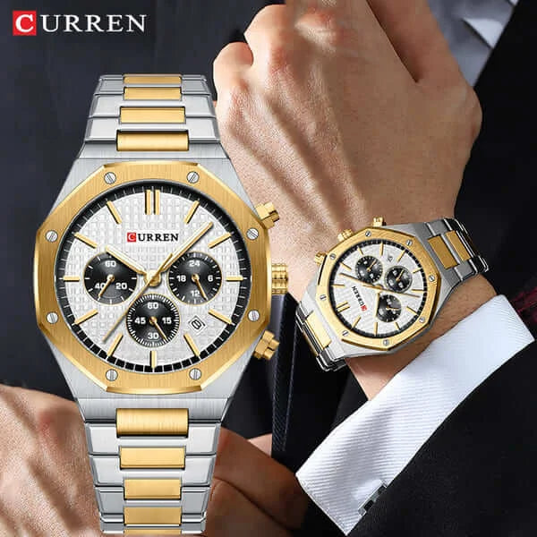 M:8440 Curren Black Dial Silver Steel Chain Chronograph Analog Quartz Men's Watch.